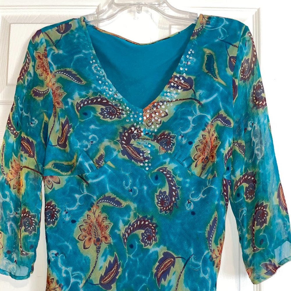 Teal Paisley blouse with Sparkle Accents